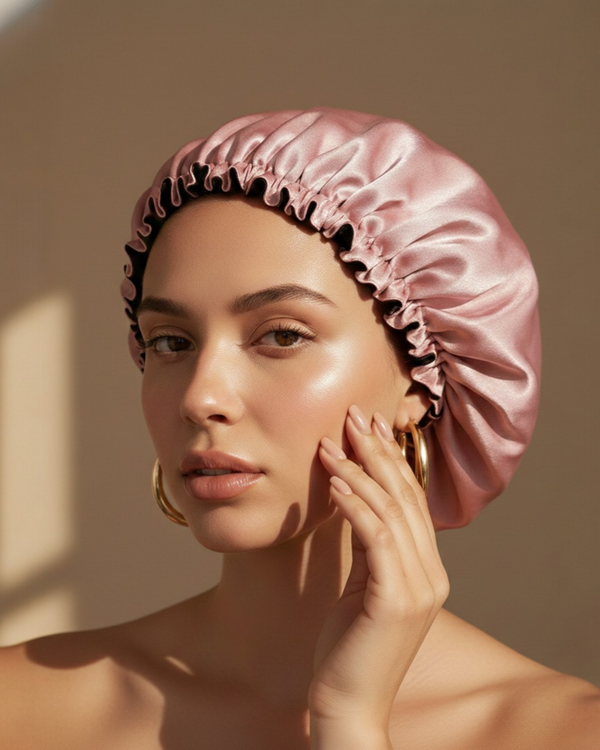 Gorro satén reversible bicolor Rosa palo/Negro