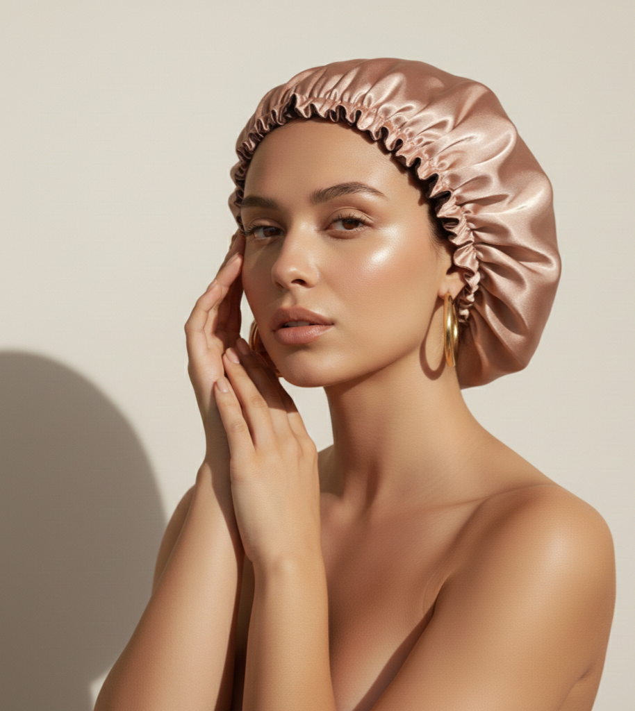 Gorro satén reversible bicolor café/damasco